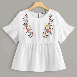 Shein Keyhole Back Embroidery Front Smock Top